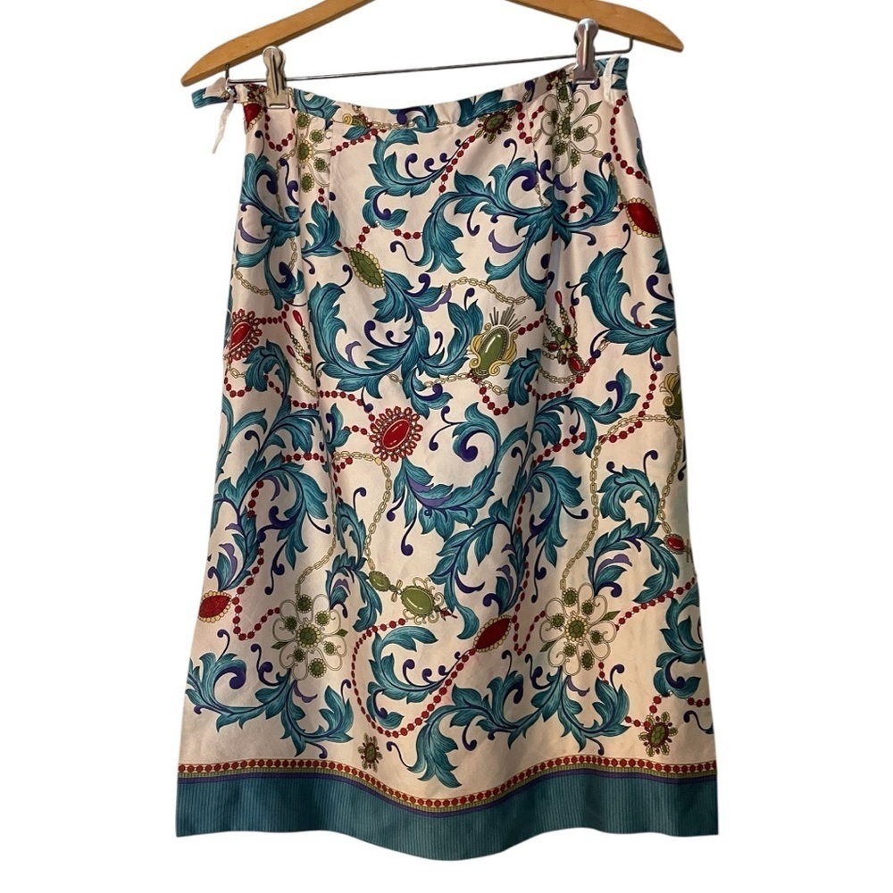 Neiman Marcus A Line Floral Skirt Blue Green